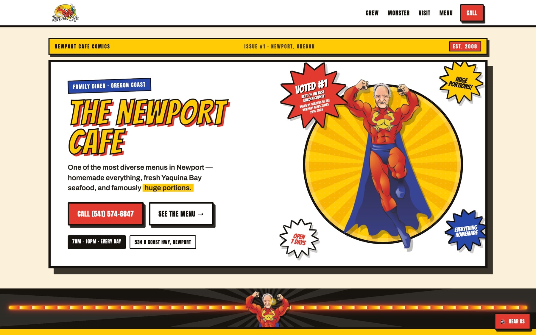 The rebuilt Newport Cafe homepage, laid out as a comic book cover: the diner’s name in yellow display lettering beside an illustrated caped superhero, with the phone number and the menu as the two main buttons.