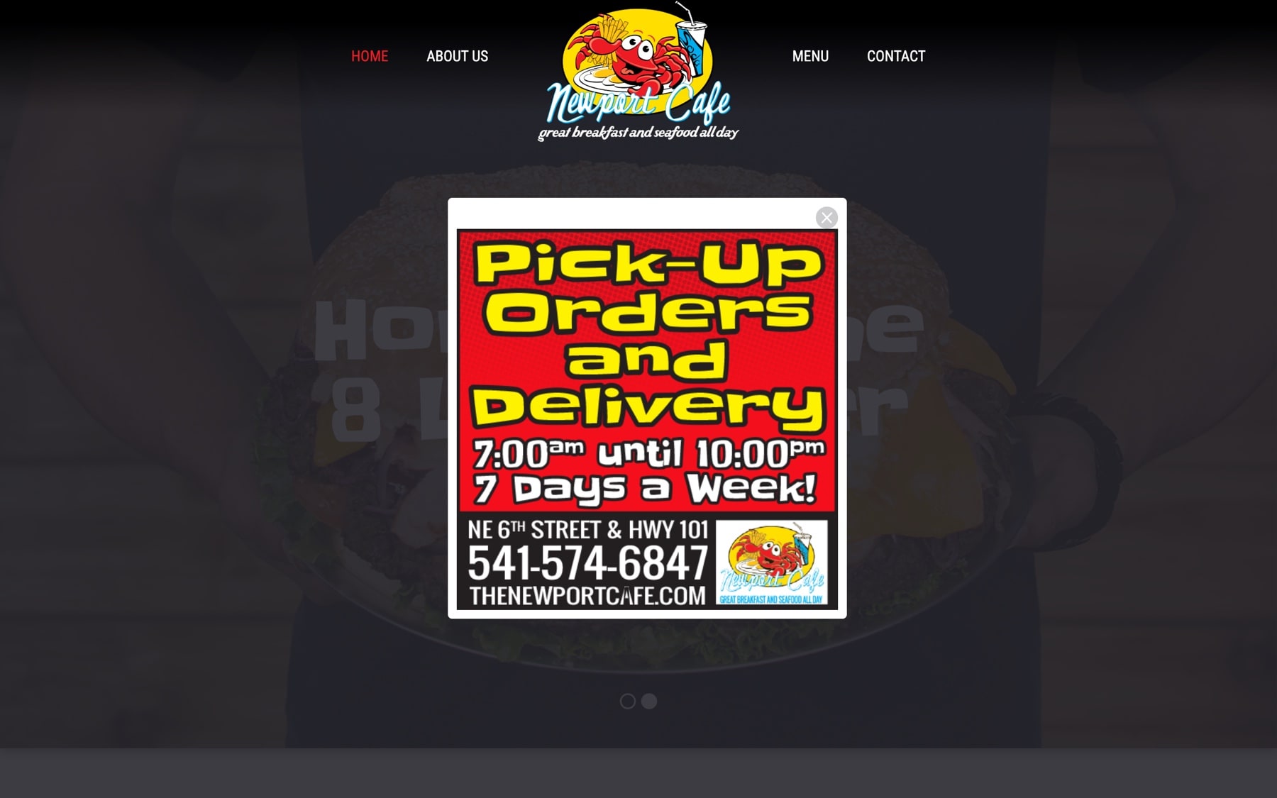 The previous Newport Cafe homepage, its hero photograph almost entirely covered by a red pop-up advertising pick-up orders and delivery, with the headline behind it unreadable.